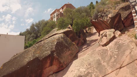 Massive-Rock-Of-Roca-Grossa-On-The-Old-Town-Village-Of-Vilafamès,-Castellon,-Valencia-Spain