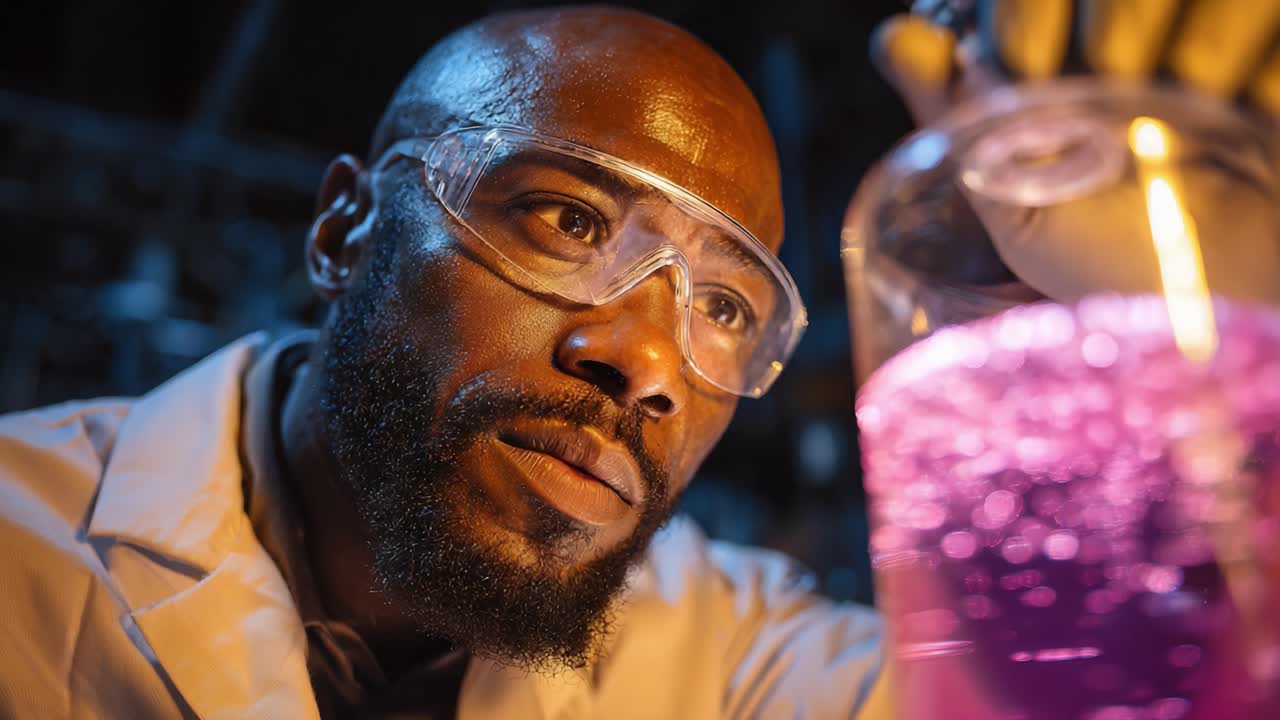 A Dedicated Scientist Analyzes a Colorful Chemical Reaction in the Laboratory, Focused on the Reaction's Intricacies and Importance for Scientific Discoveries