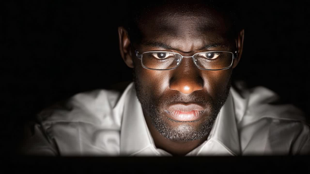 Un individuo concentrato impegnato nel lavoro al computer, illuminato dalla luce dello schermo, che mostra concentrazione e intento nel compito in un ambiente buio