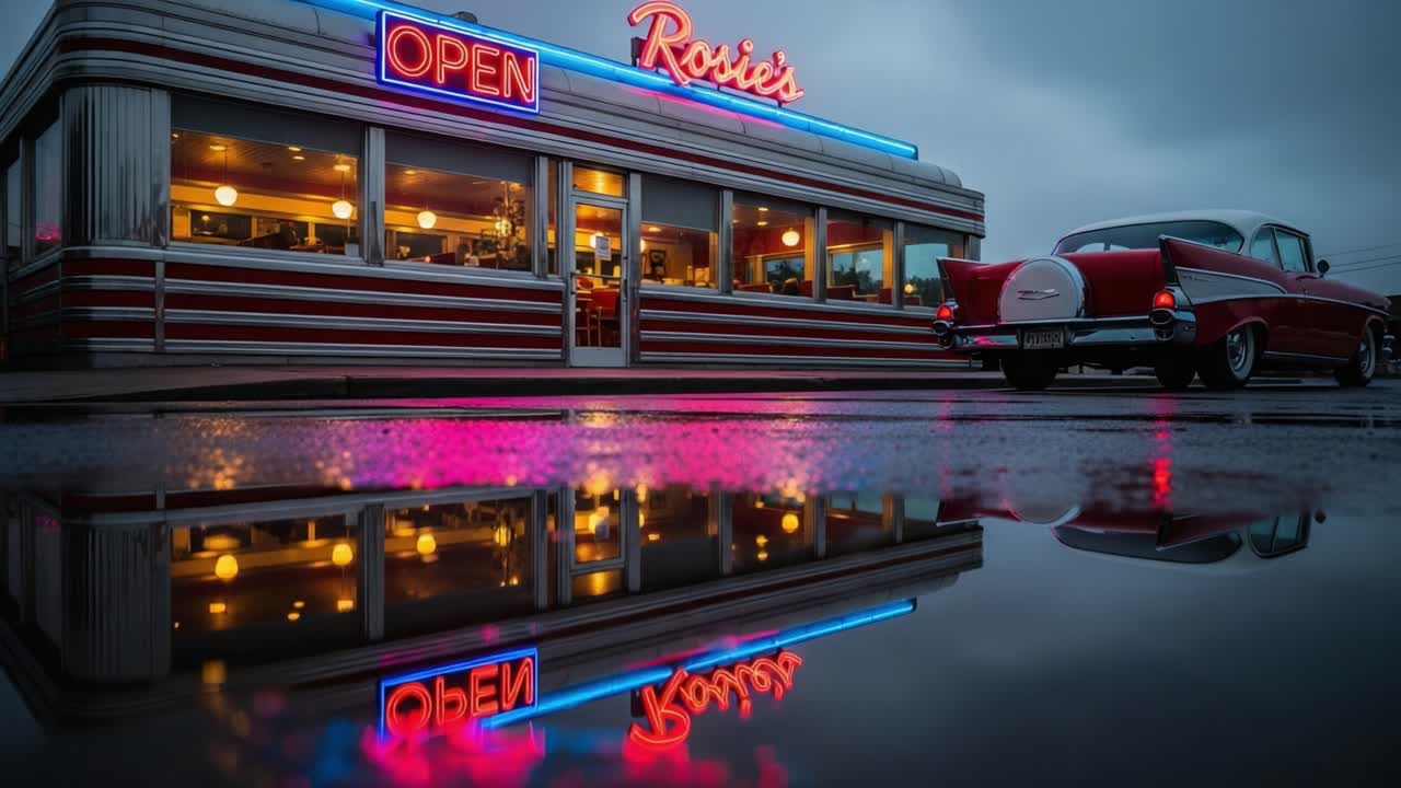A Classic Diner Experience: Vintage Car Parked Outside Rosie's Diner Under Neon Lights and Reflective Rainy Street, Capturing a Nostalgic Atmosphere