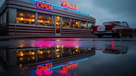 a classic diner experience: vintage car parked outside rosie's diner under neon lights and reflective rainy street, capturing a nostalgic atmosphere
