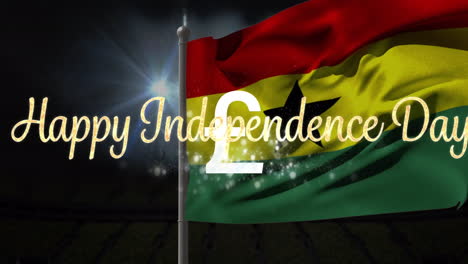 animation of happy independence day and pound over flag of cameroon