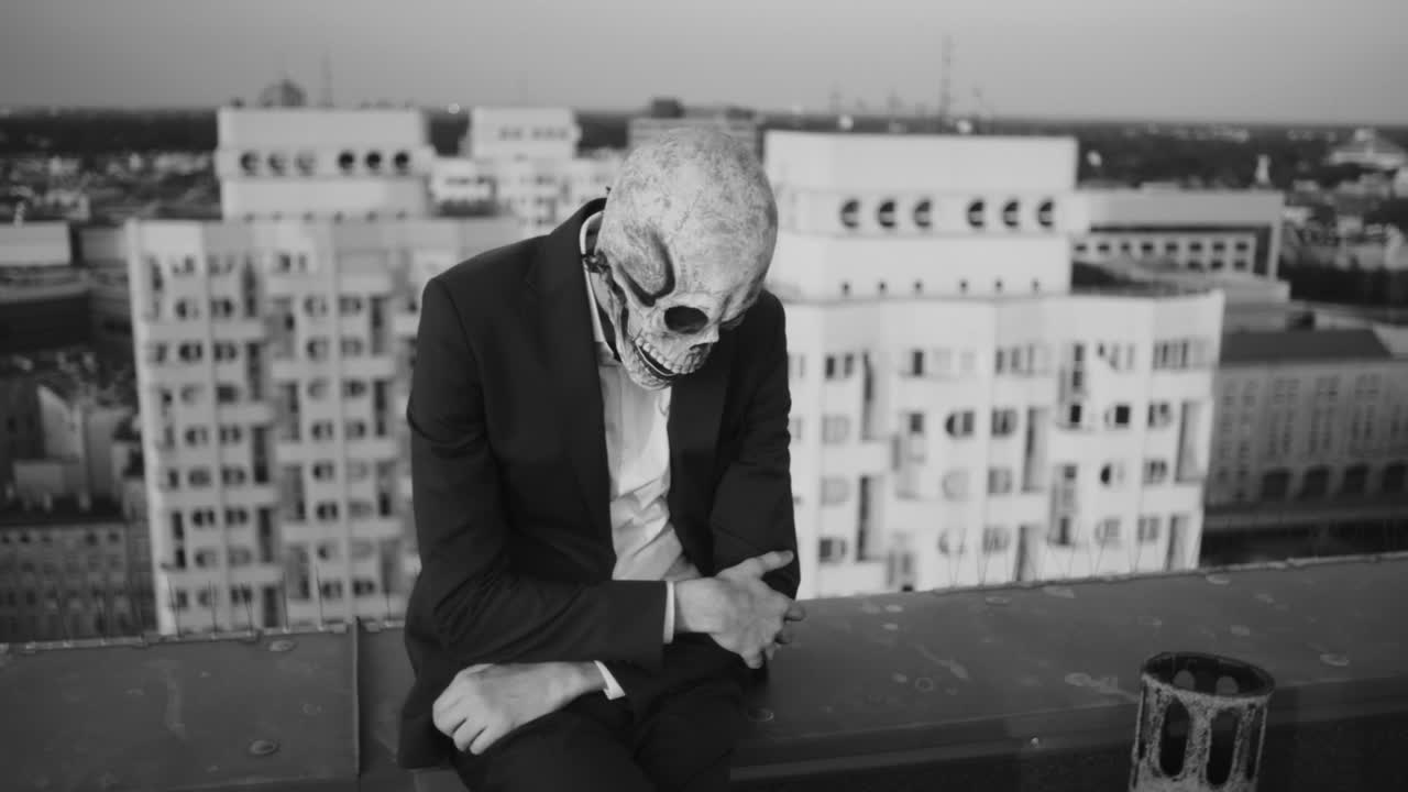 Figure in Skull Mask on a City Rooftop