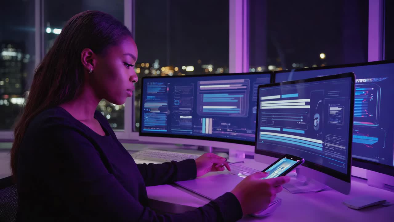 Woman Working with Multiple Monitors and Smartphone at Night in a Modern Office