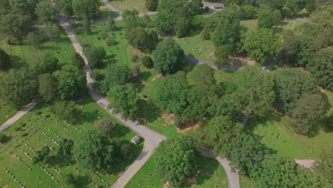 overhead drone view of a lush, historic cemetery nestled in the trees of st. elmo, chattanooga