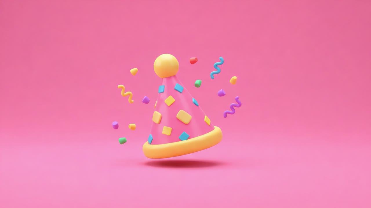 A Vibrant Celebration Hat Surrounded by Colorful Confetti on a Bright Pink Background, Perfect for Festive Occasions and Joyful Gatherings