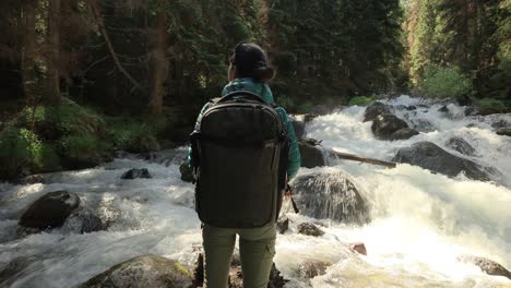 Hiking-woman-walk-with-a-hiking-backpack-in-spring-green-forest