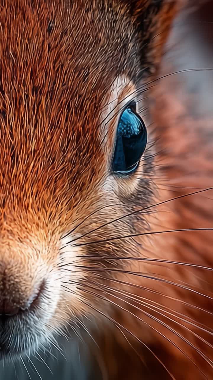 Primo piano del muso di uno scoiattolo che cattura i dettagli intricati della sua pelliccia e del suo occhio, mettendo in mostra la bellezza della natura e della fauna selvatica con una chiarezza sorprendente.