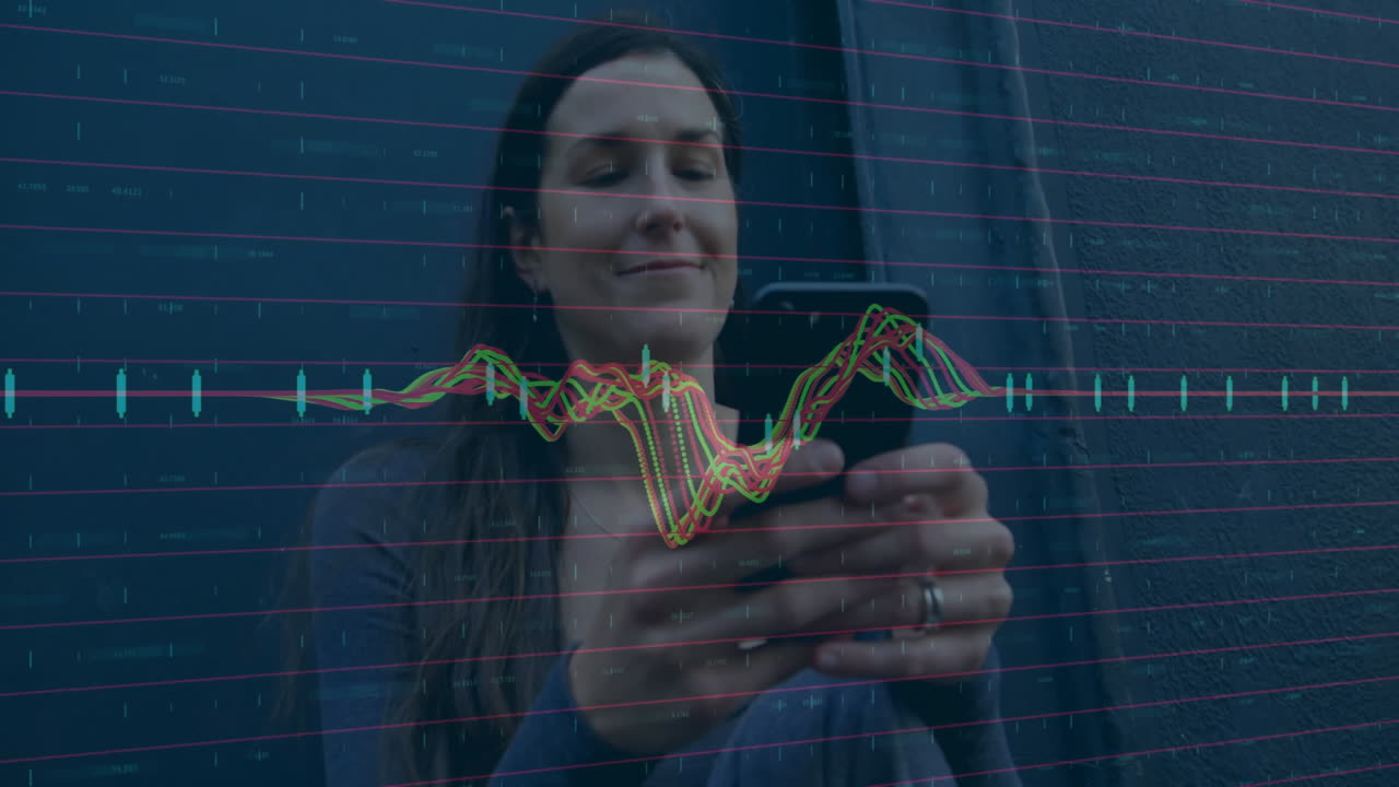 Holding smartphone, woman with data analysis animation overlay
