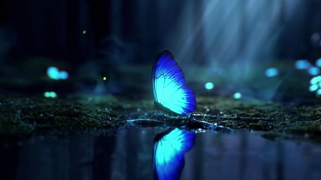Glowing Blue Butterfly Reflecting in Water in a Mystical Night Forest
