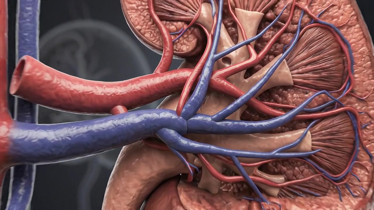 Human Kidney Cross Section Showing Blood Vessels and Renal Structure