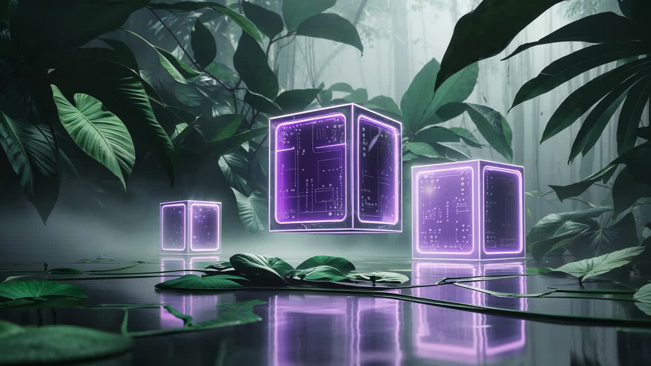 Glowing Tech Cubes in an Enchanted Forest