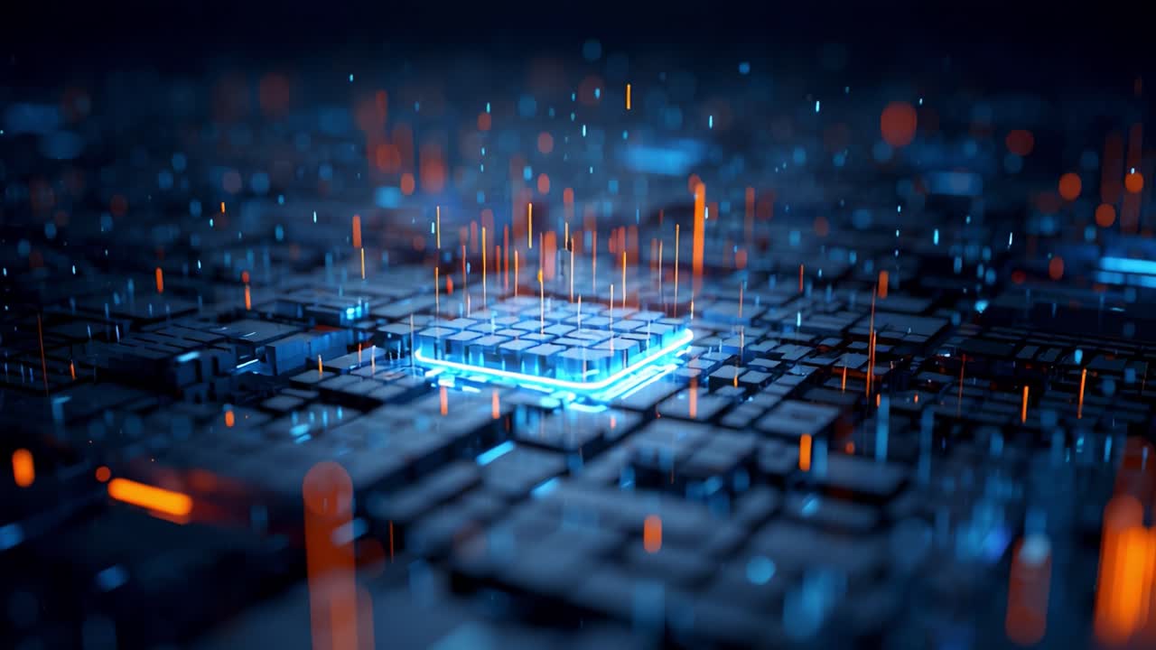 Futuristic Tech Landscape: Vibrant Lights Emanating from a Central Processor on a Vast Circuit Board, Capturing the Essence of Advanced Computing and Digital Innovation