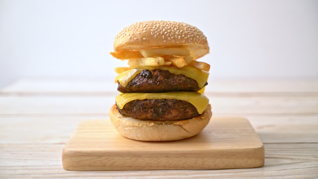 hamburguesa o hamburguesa de carne con queso y papas fritas - estilo de comida no saludable