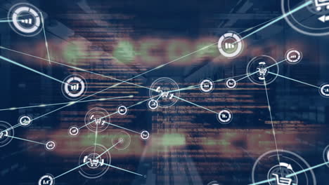 animation of network of connections with icons and data processing over computer servers