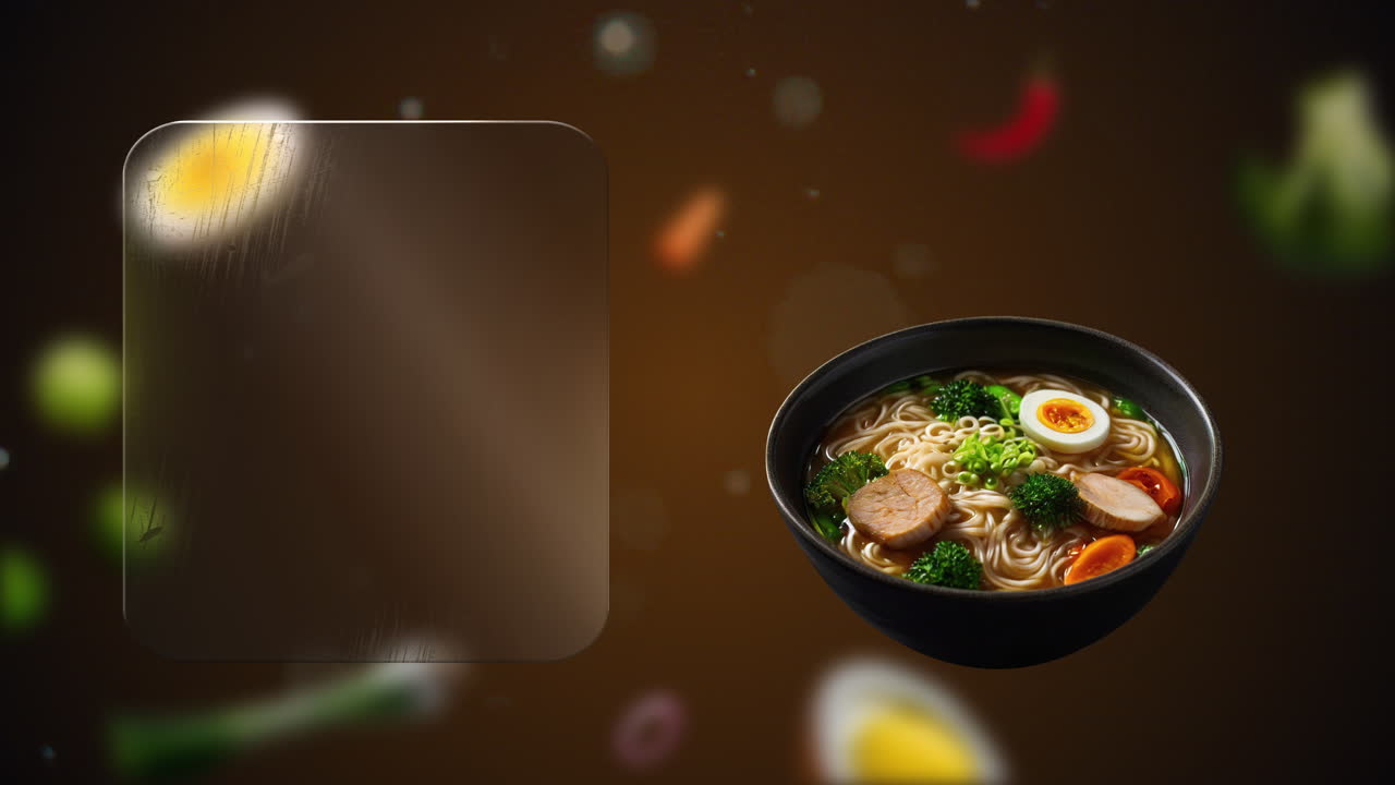 Beef ramen with broccoli, tomatoes and egg enters with smooth motion against rich colors – side glass plate ready for your text, slogan or logo
