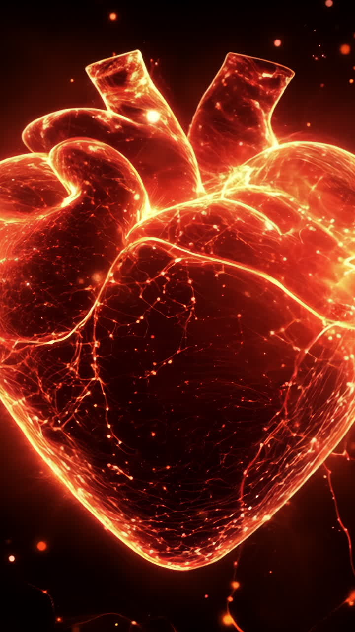 A heart is shown in a fiery, glowing light. The heart is surrounded by a dark background, which emphasizes the bright, warm colors of the heart. Concept of passion and love