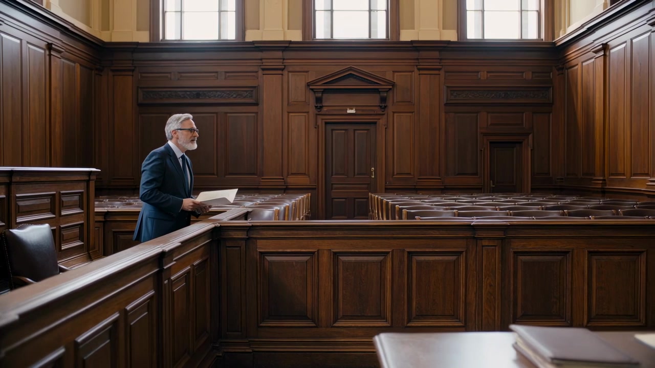 Reading senior man in suit glancing at papers, preparing to speak at courtroom railing, copy space