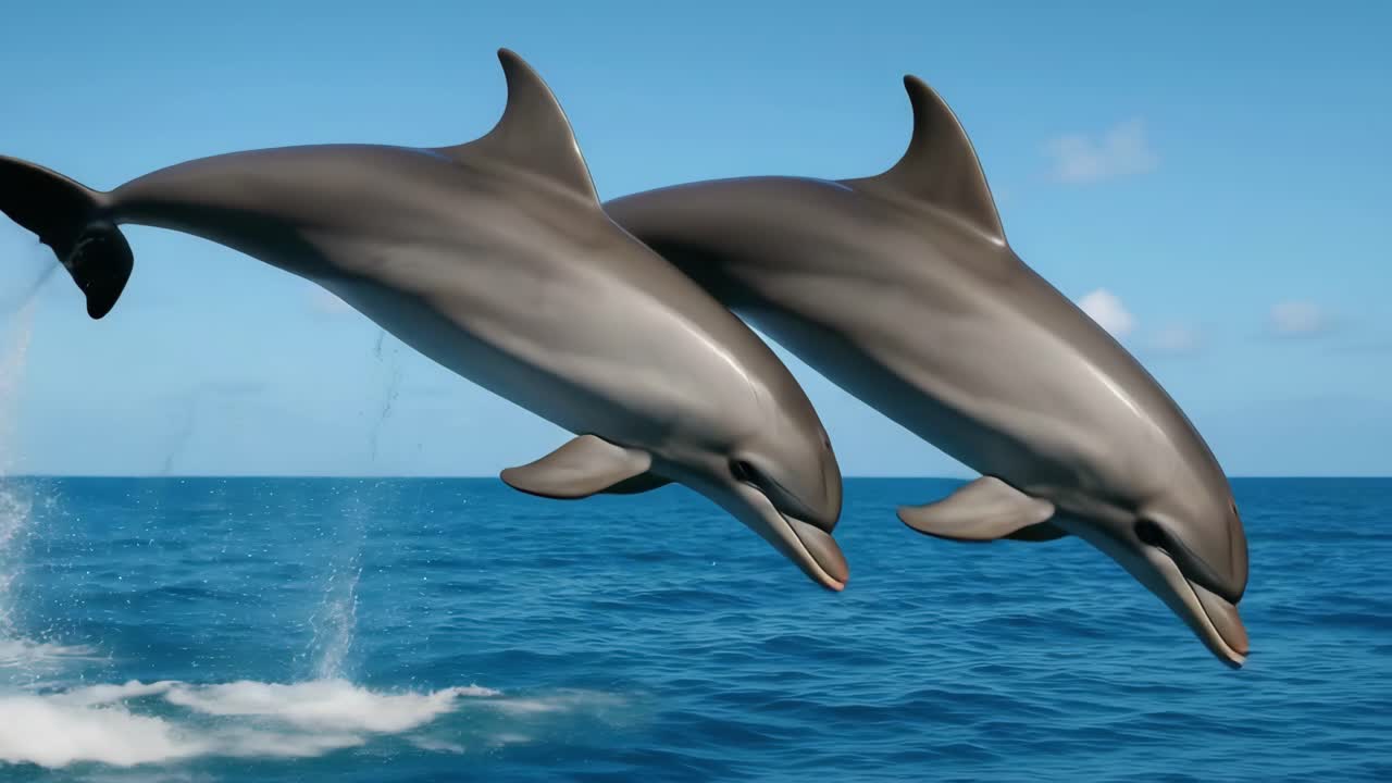 Dwa delfiny skaczące i pluskające w błękitnym oceanie