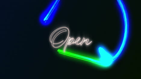 Animation-of-open-text-over-glowing-lights-over-black-background