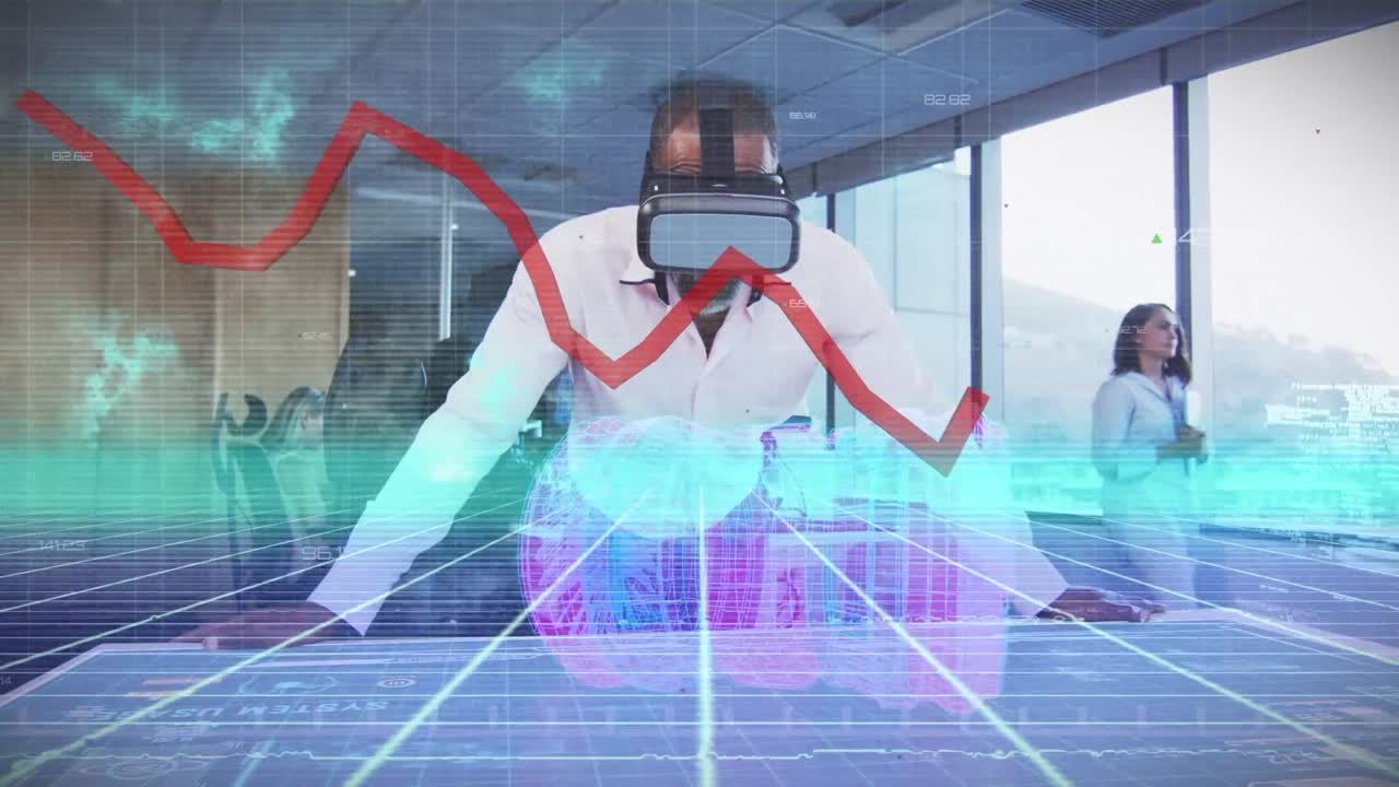 Animation af behandling af røde linjer og bilmotortegning på gitter over forretningsmand der bruger VR-headset