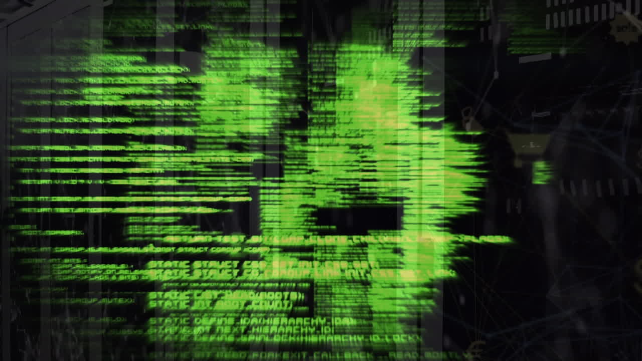 animación del lenguaje informático sobre iconos y puntos conectados contra la sala del servidor en segundo plano