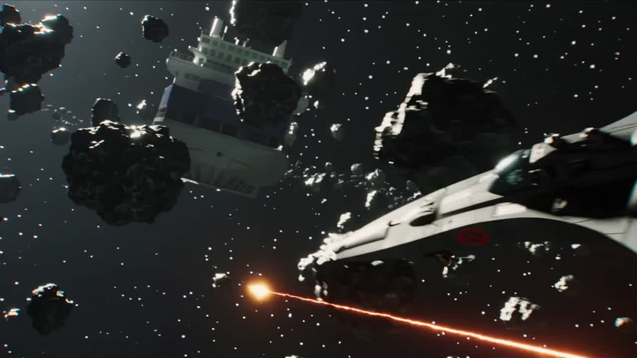 Spotting carrier, single-seat fighter accelerating in asteroids firing beams skimming carrier hull