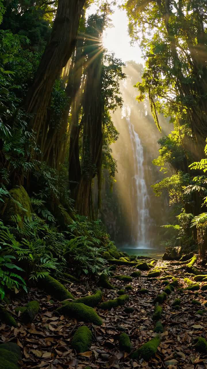 Un video mozzafiato che riprende una cascata attraverso un obiettivo con angolazione bassa, con la luce del sole che filtra attraverso la fitta vegetazione