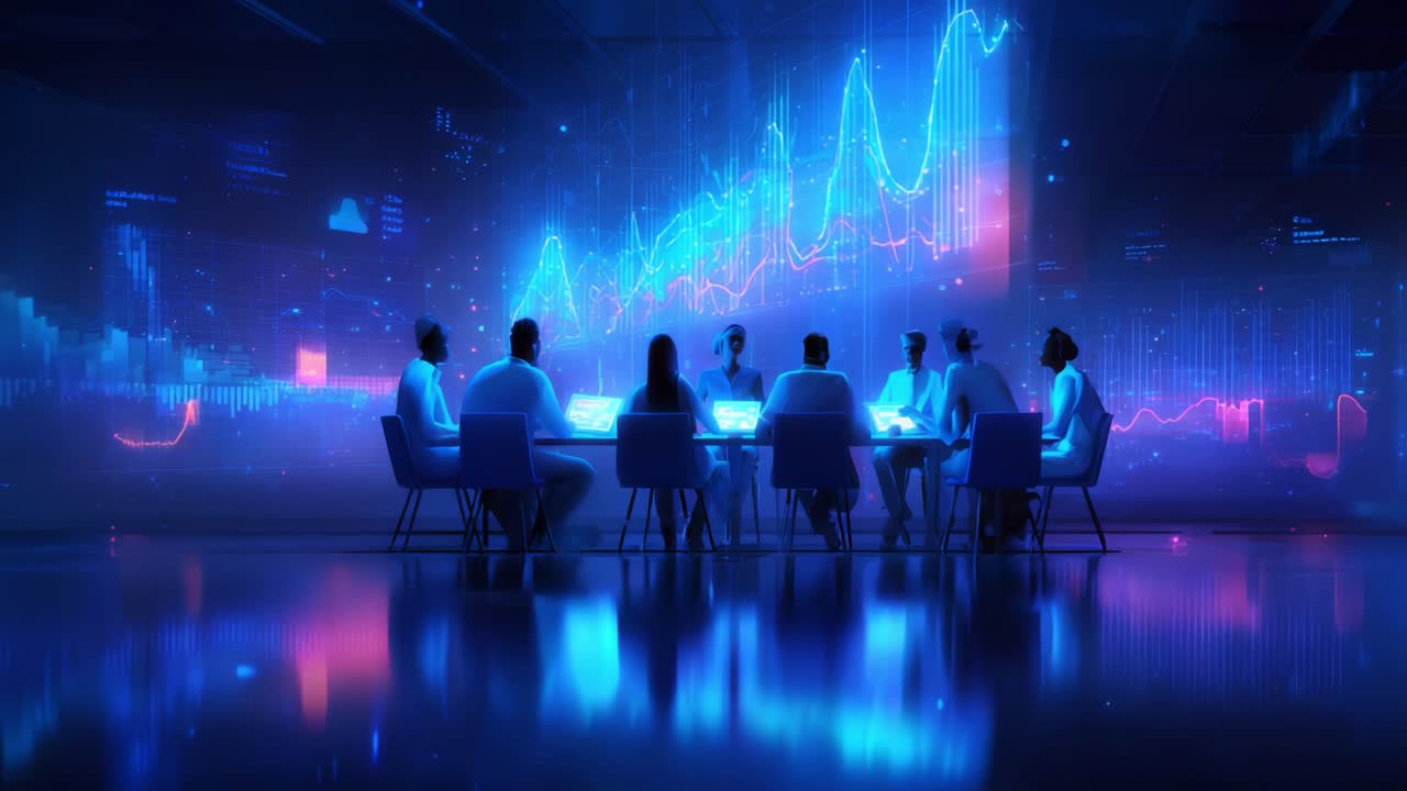 A group of individuals engaged in a high-tech meeting, discussing data analytics and strategy, surrounded by vibrant visualizations of graphs and digital insights in a futuristic setting