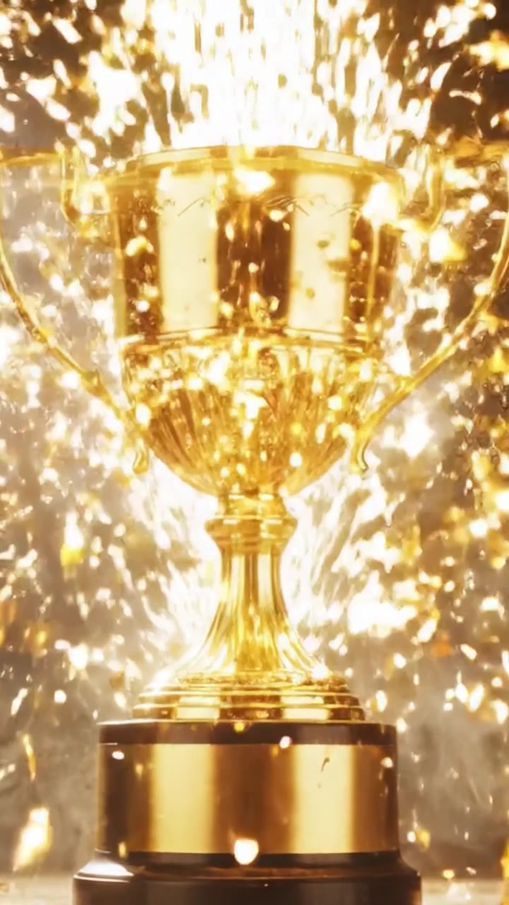 Un trofeo dorato scintillante che brilla intensamente con uno sfondo glorioso, simbolo di successo, realizzazione e celebrazione delle vittorie in competizioni e sport