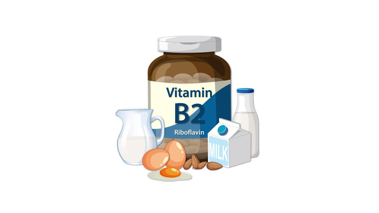 Vitamin B2 bottle with milk, eggs, and almonds appearing on clean white background, smooth transitions
