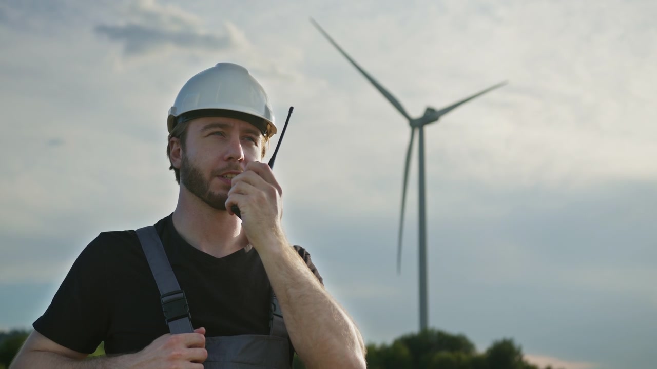 Técnico usando equipamento de segurança fala no rádio perto de uma grande estrutura de turbina eólica, energia renovável