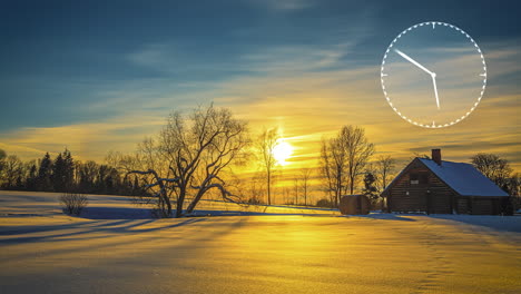 Sunset-time-lapse-winter-nature-landscape-log-cabin-clock-display-time-passing