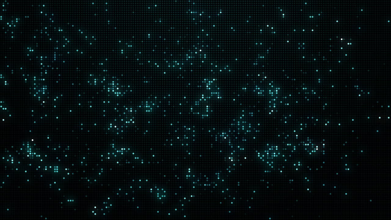 Rapid random flickering of teal color round pixel dots on dark background. Digital screen. Abstract looped animation.