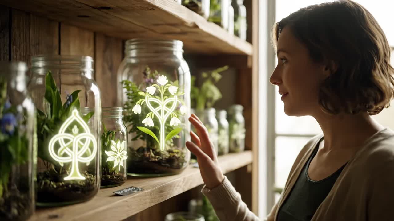 Woman admiring terrariums in a plant shop