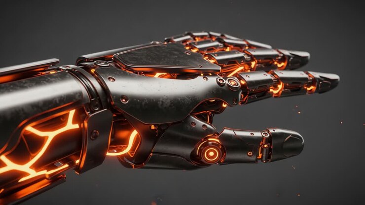 Futuristic Robotic Hand with Glowing Orange Accents Showcasing Advanced Design and Technology for Artificial Intelligence Applications