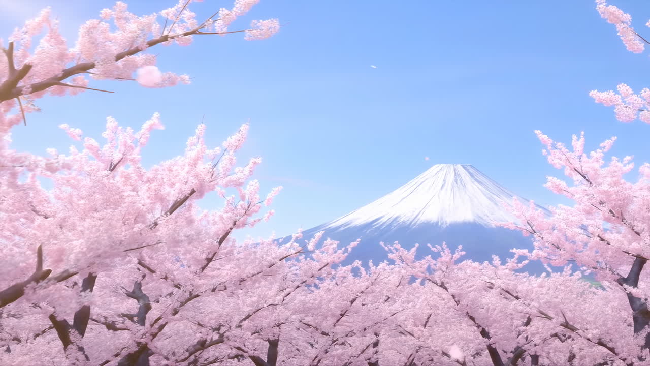 Veduta panoramica del Monte Fuji incorniciata da fiori di ciliegio rosa