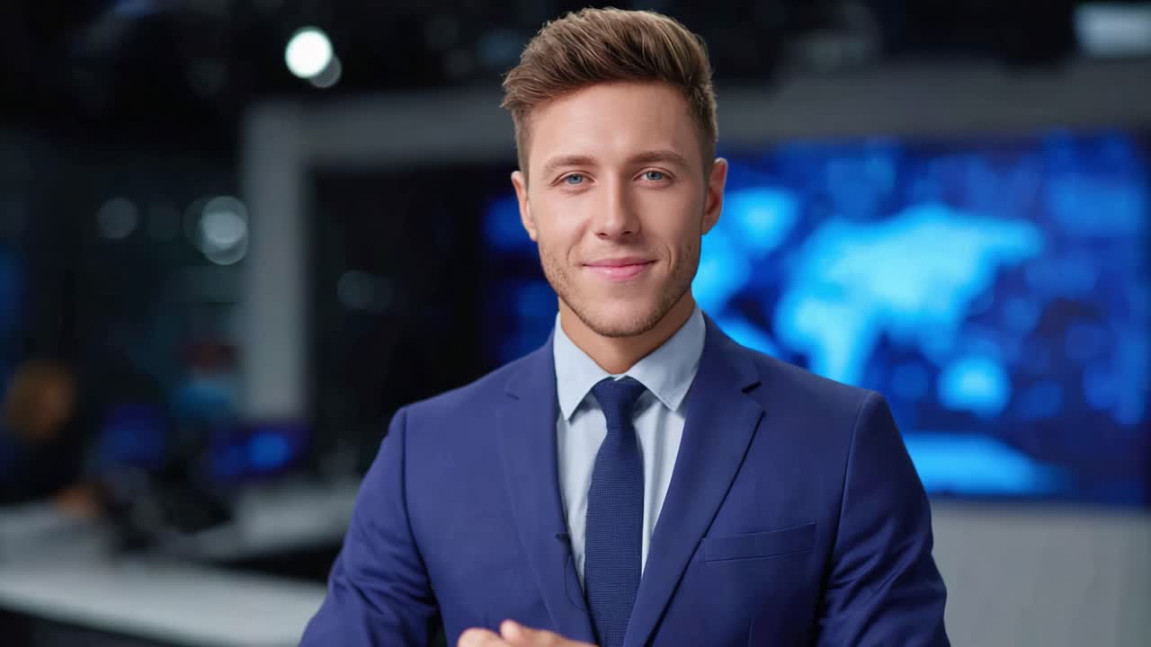 Engaging News Anchor Delivering Insightful Commentary in a Vibrant Studio Environment with Dynamic Background Visuals Reflecting Current Trends