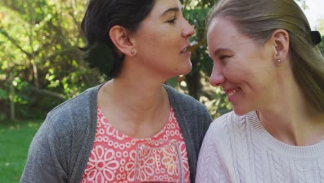 caucasian lesbian couple toasting wine glasses in the garden during picnic