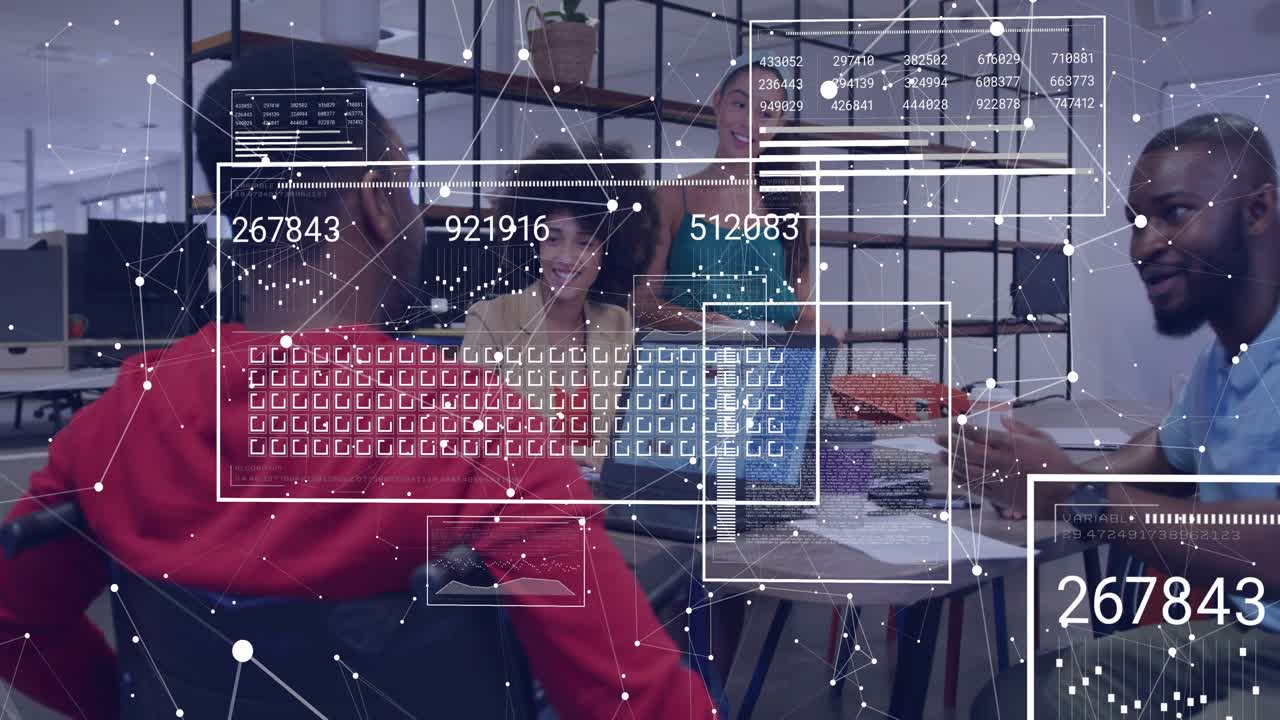 Vertical video: Tech team tapping laptop and reviewing AR data panels for design then showing faces