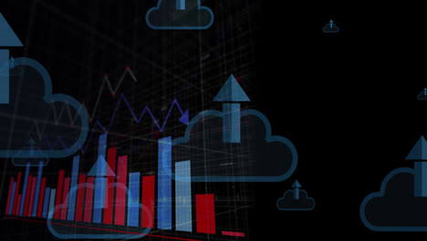 Animation-Eines-Pfeils-In-Wolken-Mit-Mehreren-Diagrammen-Und-Gittermuster-Auf-Schwarzem-Hintergrund