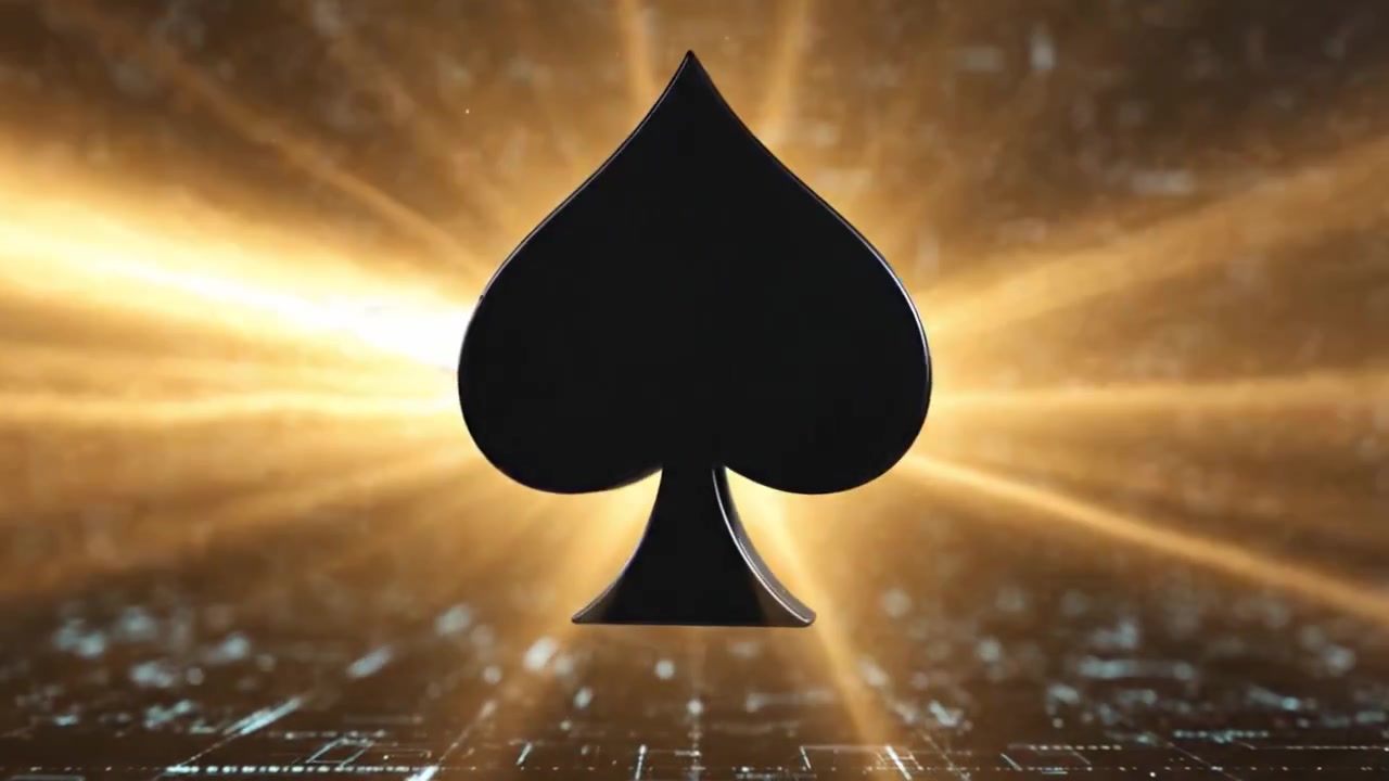 An Animated Transformation of a Glowing Spade Symbol in a Futuristic Digital Environment, Showcasing a Shift from Sparkling Light to a Solid Dark Icon