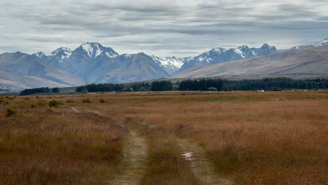 tyre tracks leading through dry plains and towards snow-capped mountains on windy evening