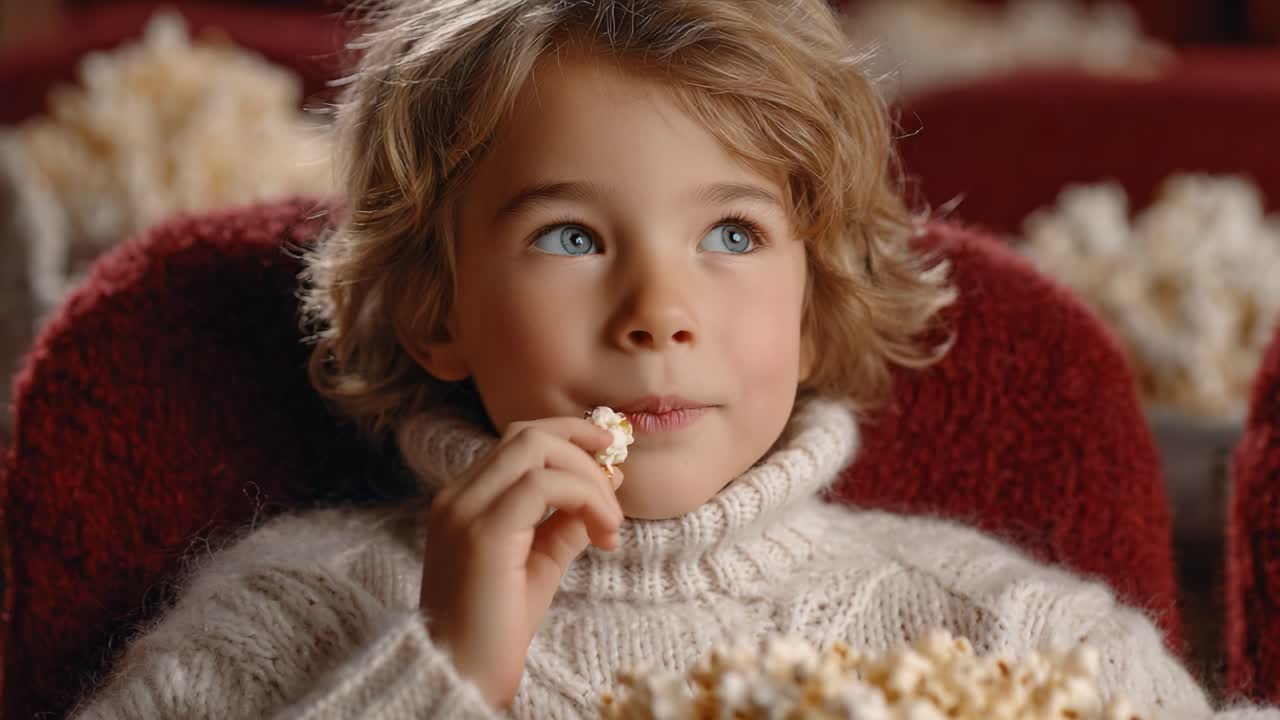 Un jeune enfant aux cheveux bouclés profite d’une séance de cinéma relaxante tout en mangeant du pop-corn dans un théâtre confortable rempli de délicieuses friandises