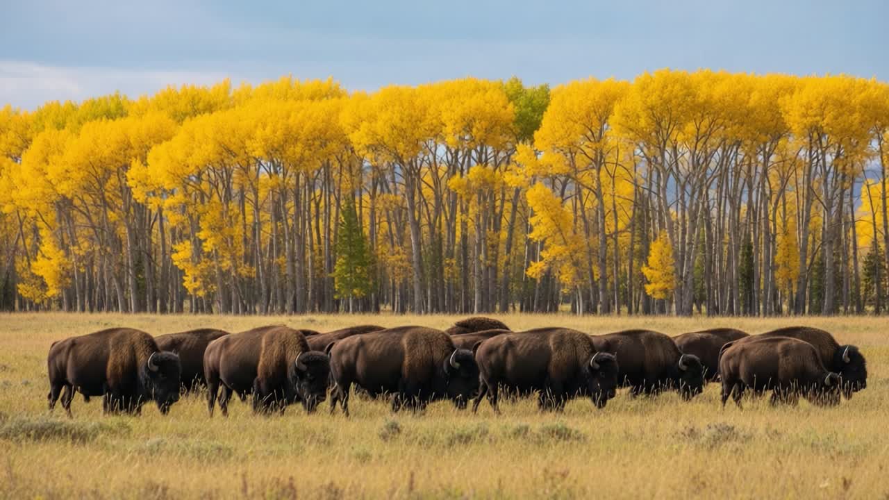 A Majestic Herd of Bison Grazing Under Autumnal Trees: A Stunning Connection to Nature's Beauty and the Changing Seasons