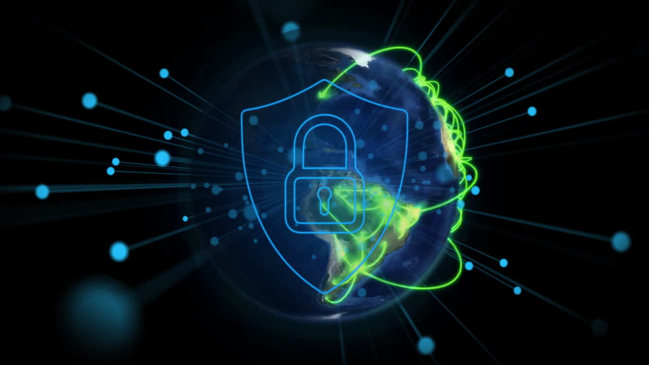 Animation of shield icon and network of connections with icons over globe