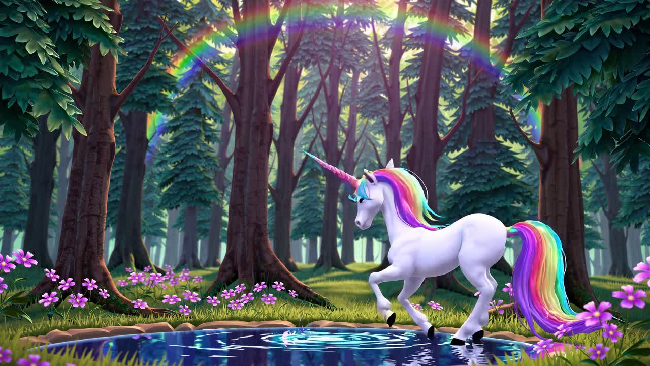 A whimsical video scene of a unicorn by a pond in a magical forest