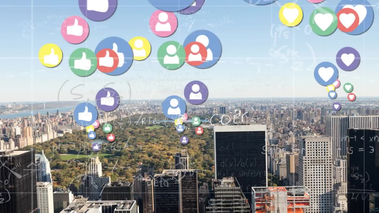 Animazione di reazioni sui social media su paesaggio urbano