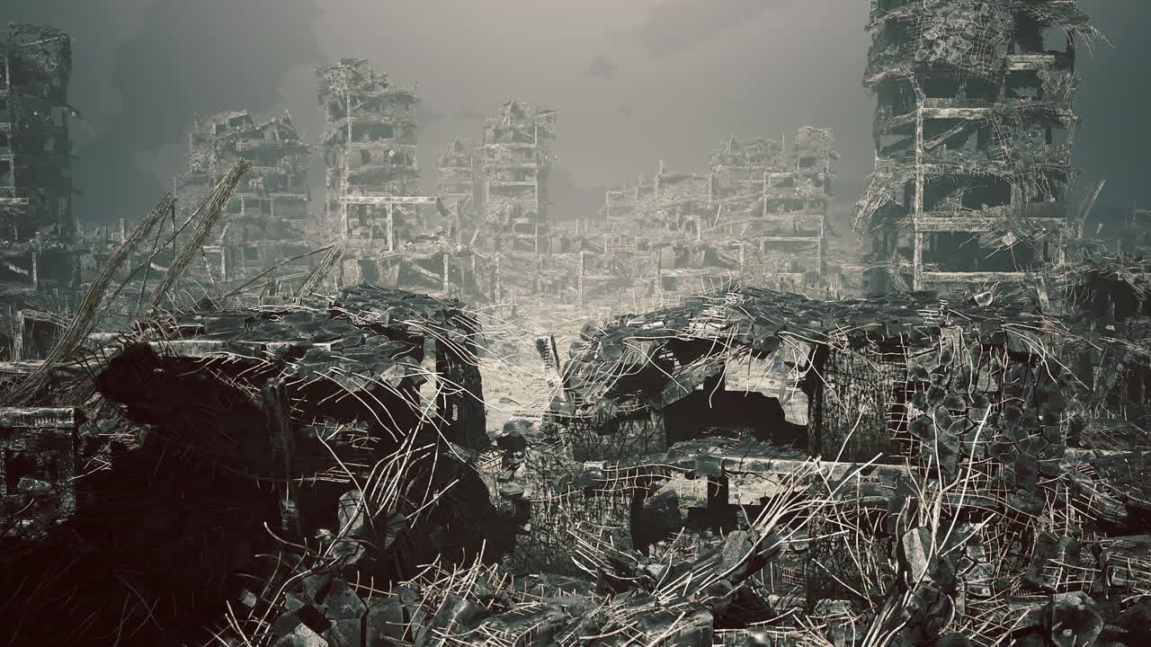 Icy wasteland of former city with broken and shiny surfaces everywhere
