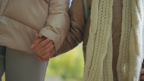 close up of adult and child interlocked hands walking through blurred park scene with green foliage and scattered dry leaves on ground wearing warm jackets and knit scarf